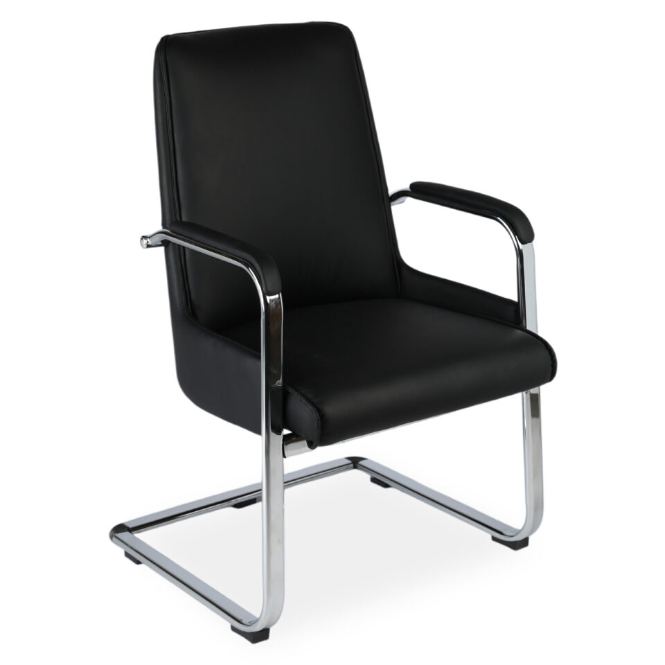 EFROME SERIES Visitor Chair in black PU leather with chrome cantilever base and padded armrests.